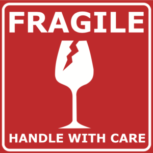 drawn image of a white broken stem glass with the word FRAGILE at the top and the words Handle With Care below the glass ona red background