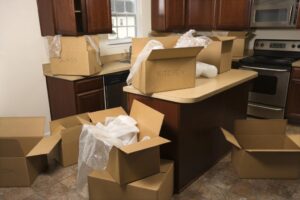 moving boxes in kitchen.
