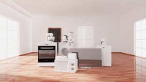 household appliances in the middle of a modern wooden floor waiting to be moved.